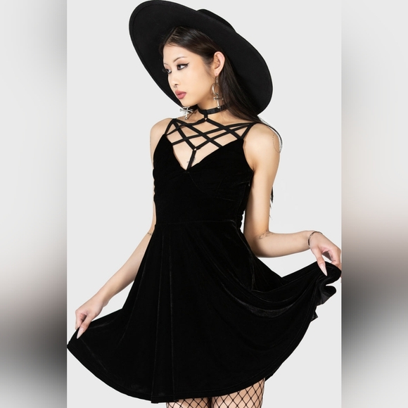 Killstar Dresses & Skirts - NWT Killstar Magica Black Velvet Strappy Skater Dress Women's Medium Witchy Goth